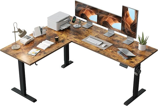 Agilestic L Shaped Standing Desk 63 x 55 Inch Electric Height Adjustable Corner Sit Stand Desk with Memory Preset Controller Large L Shaped Computer Desk for Home Office Workstation Vintage Brown