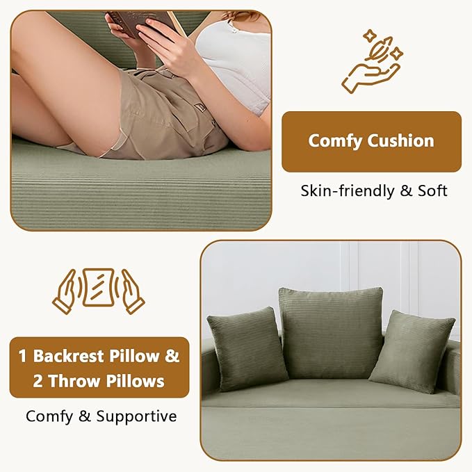 67” Foldable Couch Bed Corduroy Round Floor Couch with 3 Comfy Pillows 2 in 1 Convertible Sofa Bed for Living Room Apartment 380 LBS Capacity No Assembly (Green)