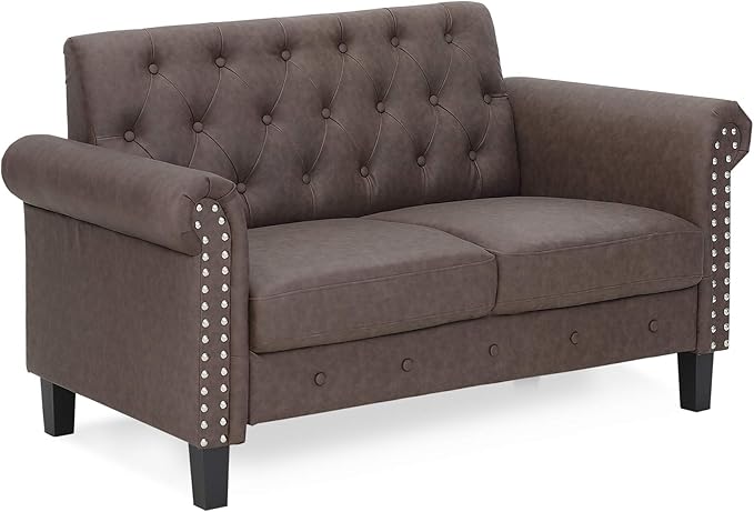 Furinno Bastia Vintage Modern Chesterfield Button Tufted Loveseat/Sofa Couch for Living Room Brown Faux Leather