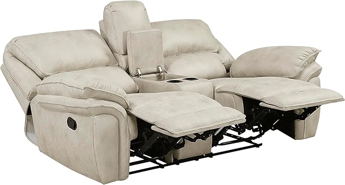 Lexicon Manual Double Reclining Loveseat with Center Console Polished Microfiber Wall Hugger Loveseat Recliner for Living Room Cup Holders Foam Over Pocket Coils Seats Pillow Top Arms Sand