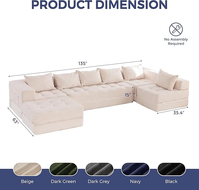 MAXYOYO Modular Sectional Sofa Couch Foldable U Shaped Cloud Couch with Pillows Tufted 7-Seat Boneless Sleeper Lounger Floor Sofa Bed for Living Room No Assembly Required Beige