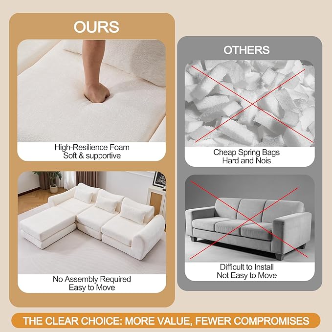 105” Modular Sectional Sofa Convertible Sofa BedTransforms into Single or Double Sofa Chenille Fabric Cloud SofaModern Soft Boneless Comfort No Assembly Required White