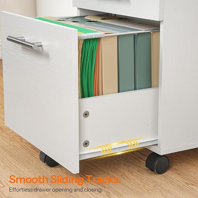 HOOBRO 3-Drawer File Cabinet Wooden Under Desk Filing Cabinet fits A4/Letter Size for Home Office Small Rolling Storage Drawer Chest Printer Stand with Drawers White WW02WJ01G1