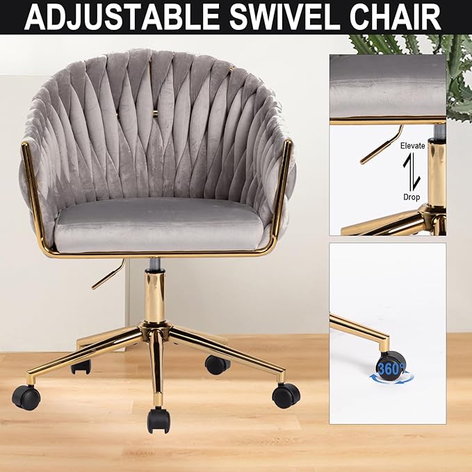 Velvet Office Chair with Hand Woven Back Vanity Desk Chairs with Golden Wheels Swivel Home Office Desk Chair Accent Makeup Desk Chair for Bedroom Living Room(Grey)