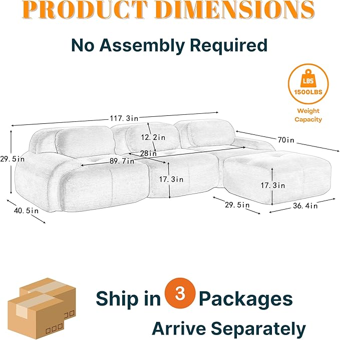 117 Boneless Couch L-Shaped Modular Sectional Sofa for Living Room Compressed Sofa with Deep Seat Corduroy Cloud Couch with Ottoman No Assembly Needed