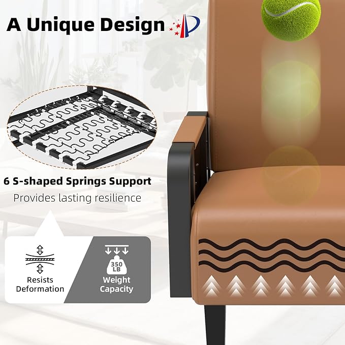 Faux Leather Accent Chairs Set of 2 Modern Upholstered Armchair with Tray Table Comfy Reading Chair for Living Room Bedroom Guest Room Brown