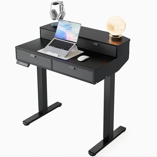 HUANUO 32 x 20 inch Electric Standing Desk with 4 Drawers Adjustable Height Sit Stand Home Office Desk C-Clamp Mount Compatible Ergonomic Stand up Desk with 4 Preset Heights Black