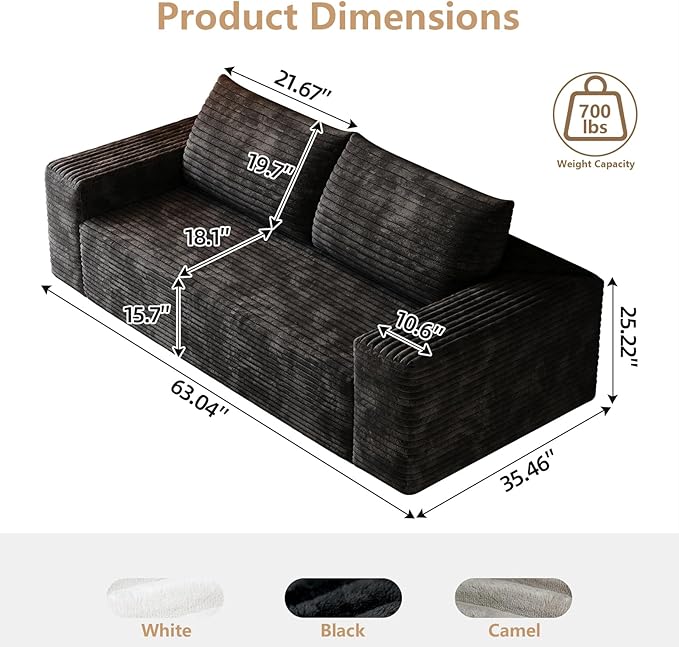 Cloud Loveseat Sofa Modern Corduroy 2-Seater Couch with Deep Seat No Assembly Required Memory Foam Sofa Boneless Sofa in a Box for Bedroom Apartment OfficeSmall Space (Black63in)