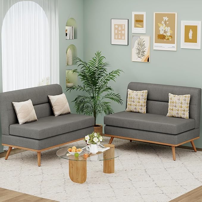 Aklaus Upholstered Small loveseatFaux Leather Modern Mini Sofa Couch Love Seat Armless Settee Bench with Back for Living Room Bedroom Office Small Space Entryway Grey