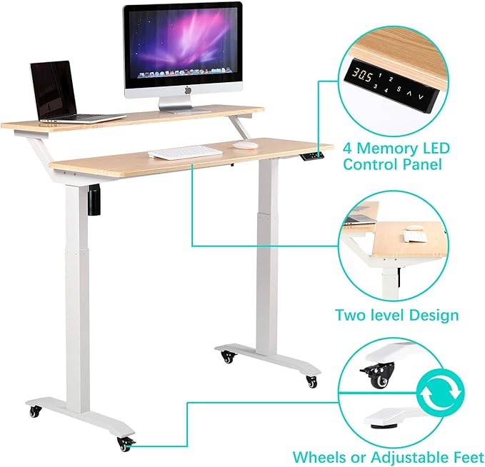 UNICOO Electric Height Adjustable 2-Tier Raising Desk with Wheels Mobile Standing Desk with Monitor Stand Ergonomic Adjustable Computer Table Electric Standing Game Table for Home Office