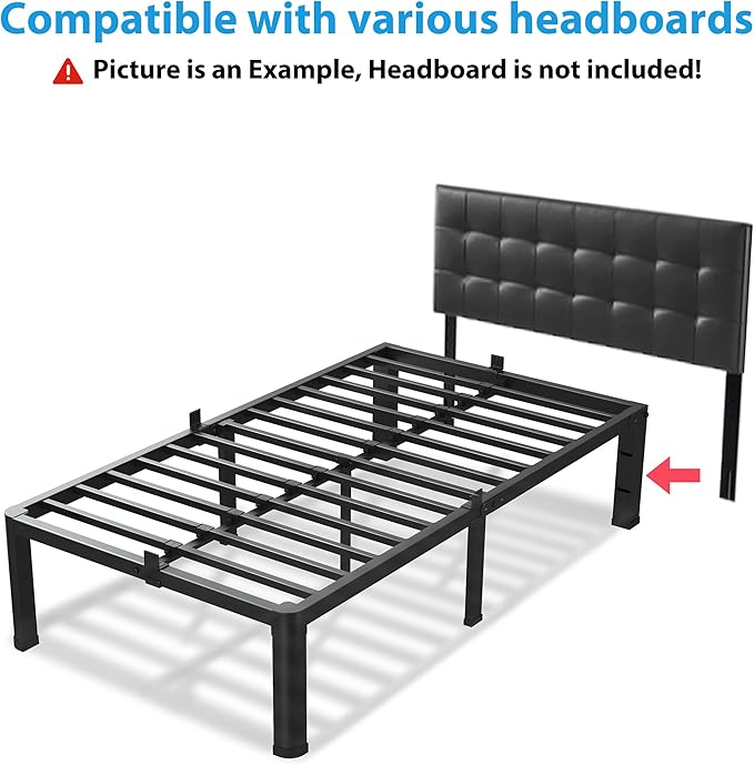 18 Inch Twin XL Bed Frame 3500Lbs Heavy Duty Metal Platform with Round Corner Legs Mattress Slide Stopper Steel Slat Support No Box Spring Needed Noise Free Non-Slip Easy Assembly