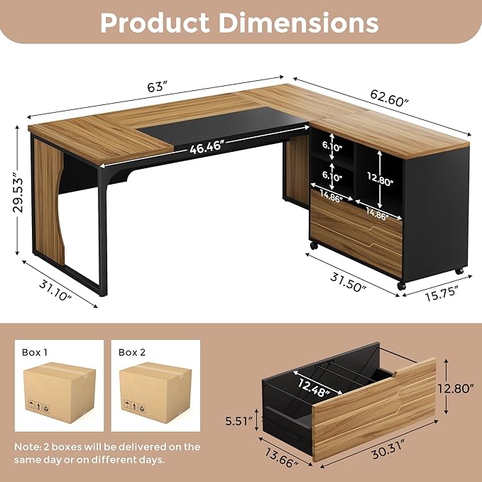 L Shaped Executive Computer Desk with Mobile File Cabinet and LED Light 63 inch Large Office Table Business Furniture with Storage and Drawers for Home Office Dark Walnut