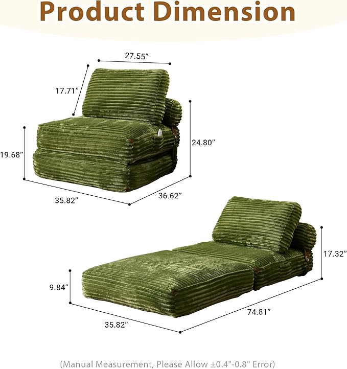 75'' Foldable Sofa Bed Convertible Sleeper Sofa with Pillow Boneless Corduroy Foldable Couch Bed Single Sleeper Chair for Small Spaces Living Room Bedroom StudioGreen