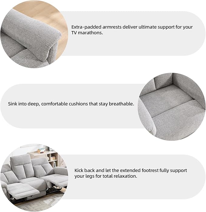 Manual Reclining Sofa 3 Seat Soft Fabric Recliner Couch for Adults with Overstuffed Arms and Back Sofa Recliner for Living Room (Silver)