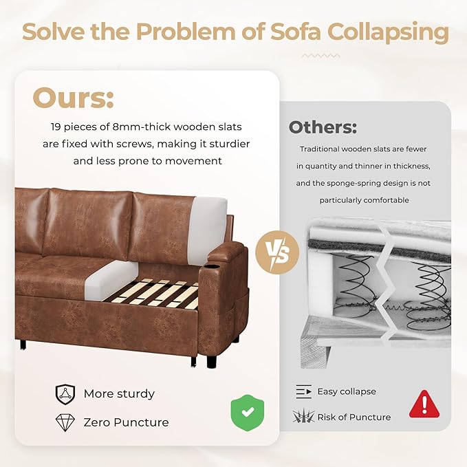 Leather Sleeper Sofa Couch with Pullout Bed 80'' Sofa Bed Pull Out Couch with Reversible Storage Chaise Sectional Couches with USB Charging Ports&ampCup Holders for Living Room Brown