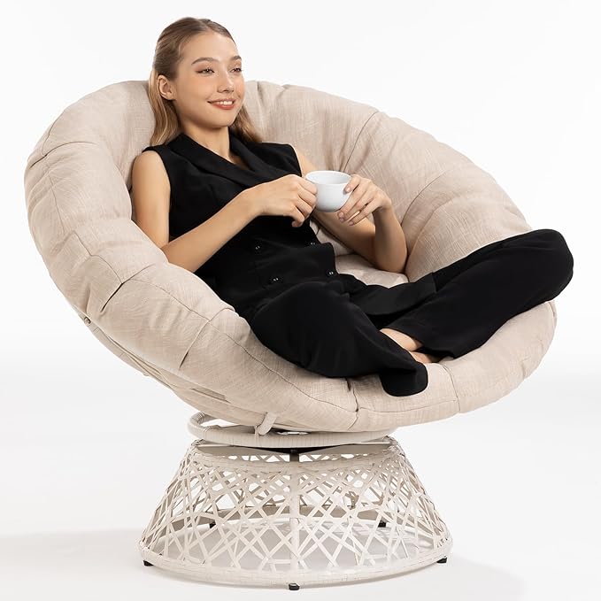 Bme 40 Ergonomic Wicker Papasan Chair with Soft Thick Cushion &amp Frame 360° Swivel Circle Reading Comfy Chair for Living Room Bedroom