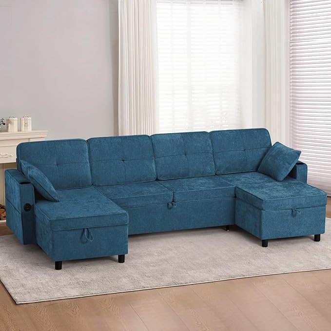110 Inches U Shaped Sofa w/Adjustable Back &amp Pull-Out Sofa Bed Chenille Tufted Sectional Couch w/Storage Chaise &ampUSB Charging Port Modern Sleeper Couch w/Cup Holders for Living Room Blue