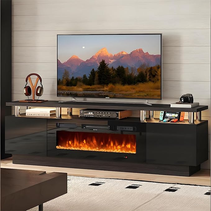 MXV 70 Fireplace TV Stand Modern Entertainment Center &amp 36 Inch Electric Fireplace with Remote Control LED Light Fire Place Tv Stand for Living Room for TVs up to 80 Black + Black