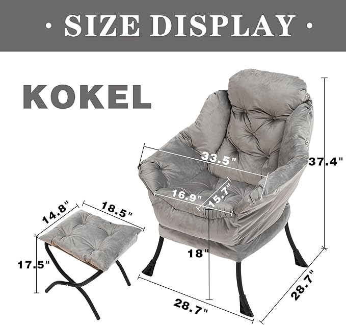 Kokel Lazy Chair with Folding OttomanLiving Room Chairs Accent Contemporary Lounge Chair Single Steel Frame Leisure Sofa Chair with Armrests and A Side Pocket (Light Gray)