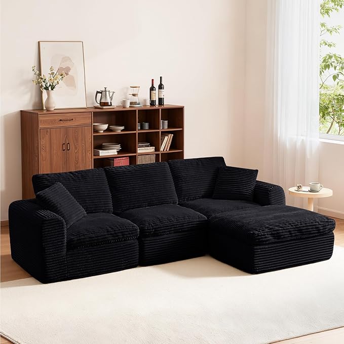108” Modular Sectional Sofa Couches L Shaped Couch 3 Seater Cloud Sofa Memory Foam Sectional Couches for Living Room Boneless Couch with Ottoman Corduroy Black