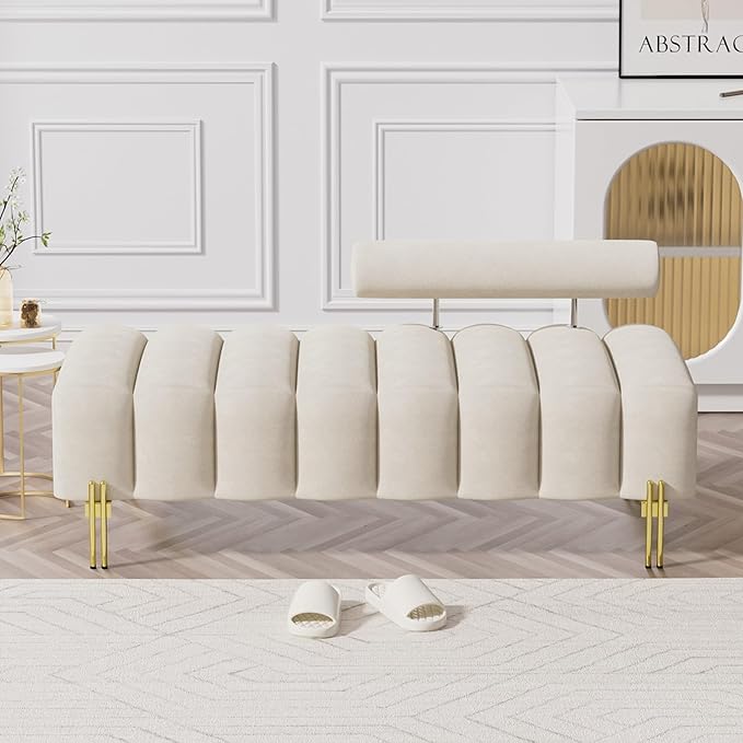 Small Loveseat Sofa Couch 52.2 Modern Velvet Mini Sofa for Bedroom Golden Legs Channel Tufted Window Bench with Adjustable Back for Living Room Apartment Compact Space Beige White
