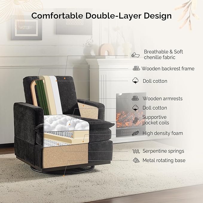 VINGLI Mid-Century Modern Single Swivel Armchairs Set of 2 360° Swivel Double-Layer Seat Cushions Upholstered Square Club Chair for Living Room Bedroom Reading RoomChenille Black