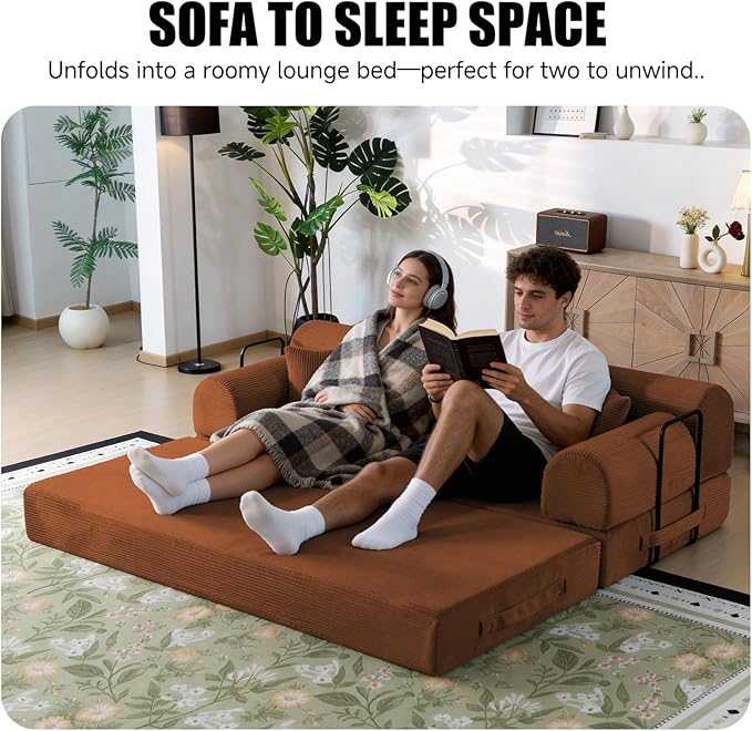 78.8 Boneless Memory Foam Couch Corduroy Convertible Floor Sofa Bed Fold-Out Sleeper Futon Loveseat Wide Armrests &amp Supportive Back 1200 lb Couch in a Box 2 Pillows Orange