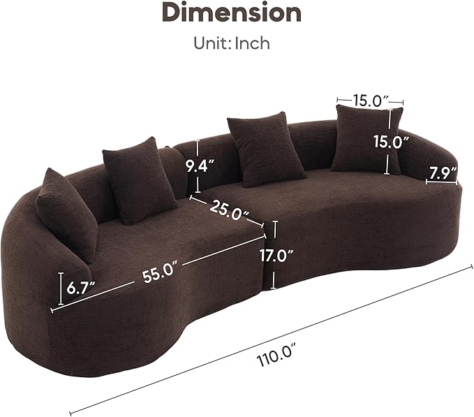 Yoglad 110‘’ Boneless Curved Sofa Modern Cloud 4-Seater Floor Couch Minimalist Compression Sofa for Living Room Apartment Studio Office No Assembly Needed(Chenille Dark Brown)