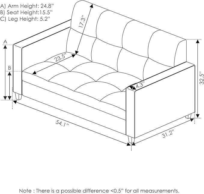 Furinno Brive Contemporary Tufted Faux Leather Loveseat/Sofa Couch for Living Room Black Faux Leather