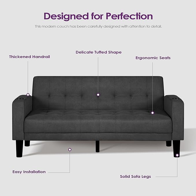 TYBOATLE Sofa Couch Living Room Furniture Sectional Sofa Sets 2 Pcs Tufted Mid-Century Loveseat w/USB Cupholders &amp Comfy Single Sofa for Small Space Apartment Office (Dark Grey)