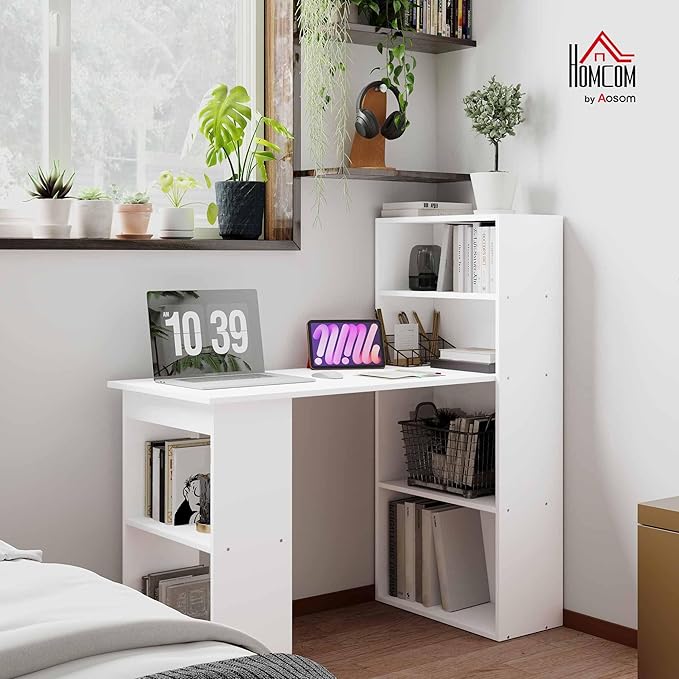 HOMCOM Modern Home Office Desk with 6-Tier Storage Shelves 47 Writing Desk with Bookshelf White