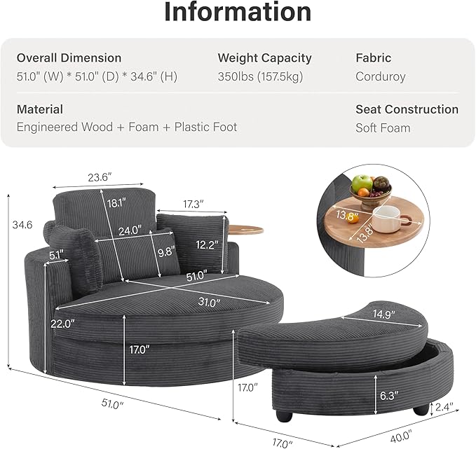DEINPPA 51'' Accent Swivel Barrel Chair with Storage Ottoman Modern Oversized Round Leisure Sofa Chaise with Tray Pillows Corduroy Upholstered Lounge Chair for Bedroom Living Room Hotel Club Gray