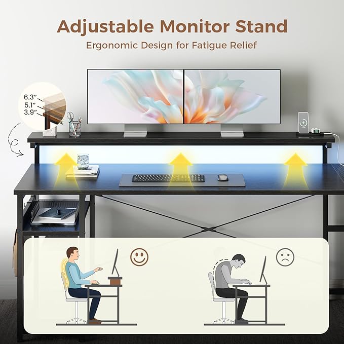 AODK 61 L Shaped Desk with Drawer Computer Desk with Power Outlets &amp LED Lights Reversible Corner Gaming Desk for Home Office Workstation Office Desk with Monitor Shelf Pure Black