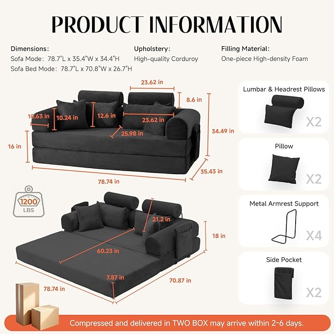 79 Corduroy Sofa Bed Sleeper Couch 6-in-1 Convertible Boneless Floor Futon Loveseat High-Density Foam Couch in a Box with 2 Headrest Pillows No Assembly Black