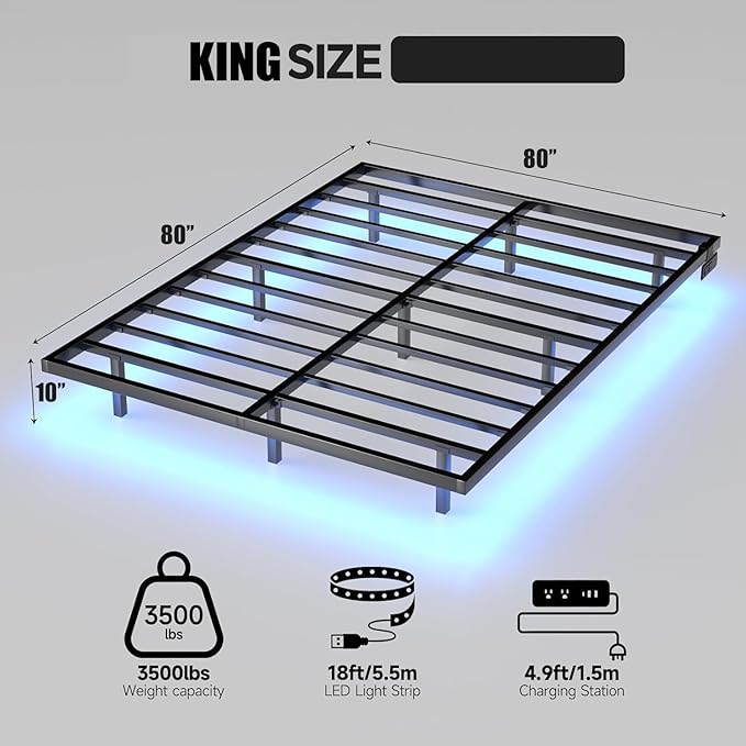 Floating Bed Frame King Size with LED Lights and Charging Station Metal Platform Bed Easy Assembly No Box Spring Needed