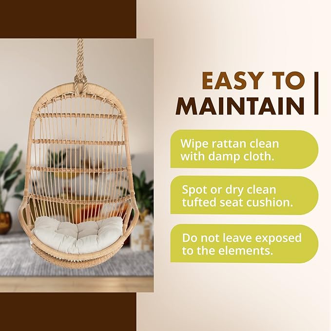 KOUBOO Hanging Rattan Swing Chair with Seat Cushion Handwoven Natural Rattan Chair Coastal Home Decor Furniture for Bedroom Living Room &amp Sun Room Natural