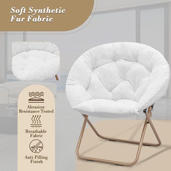 Athena Collection Round Saucer Chair with Ottoman Set of 2 for Adults Oversize Comfy Cozy Faux Fur Folding Reading Chair with Metal Leg Lazy Relaxing for Living Room Bedroom Dorm Apartment White