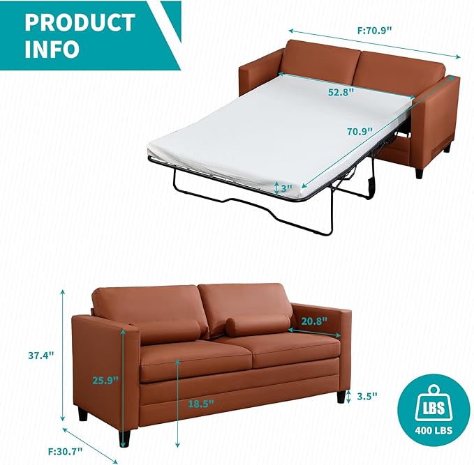 BALUS 73 Wide Full Size Pull Out Sofa Bed Convertible Sleeper with Memory Foam Mattress Modern Faux Leather Loveseat Couch for Apartment Living Room Includes 2 Bolster Pillows - Cognac