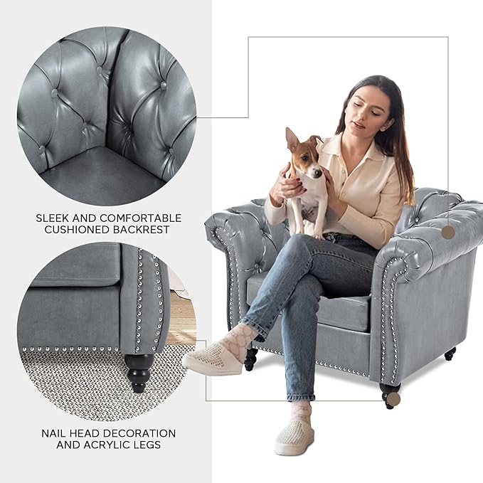 Gray Chesterfield Accent Chair Faux Leather Upholstered Tufted Wingback Club Chair Mid-Century Modern Living Room Chair with Sturdy Wood Frame Comfy Oversized Armchair for Bedroom Office