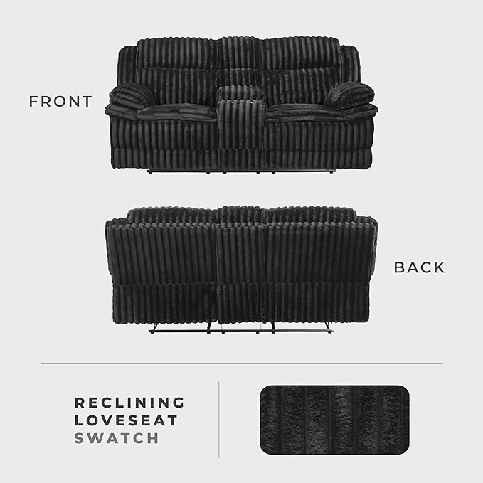 Lexicon Manual Double Reclining Loveseat with Center Console Corduroy Manual Wall Hugger Recliner Couch Pillow Top Arms Cup Holders Hidden Storage Cozy Loveseat for Living Room Black