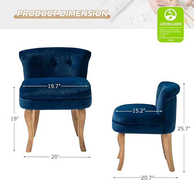 HULALA HOME Velvet Vanity Stool with Low Back Modern Vanity Chair with Solid Wood Legs Small Upholstered Makeup Chair Home Decor for Bedroom Living Room Dressing Table Women Girls Navy