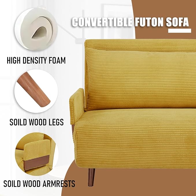 3 in 1 Sleeper Chair Bed Foldable Convertible Chair with Armrest Thickened Cushion and Sponge Corduroy Fabric Adjustable Backrest Upholstered Accent Sofa for Apartment/Bedroom/Office - Yellow