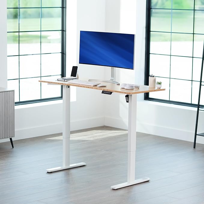VIVO Electric 60 x 24 in Real Bamboo Standing Desk Memory Height Adjustment 1B Series Holds 220 lbs One-Piece Top White Frame DESK-KIT-1W6O
