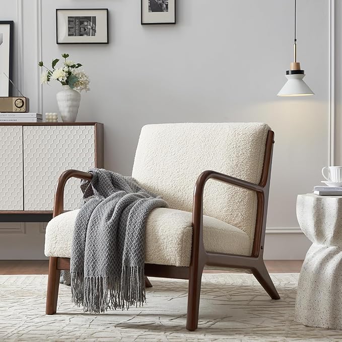 Mid-Century Modern Accent Chair with Cushions Solid Wood Frame Lounge Single Chair for Living Room Bedroom Office Designer StyleLambswool Beige White