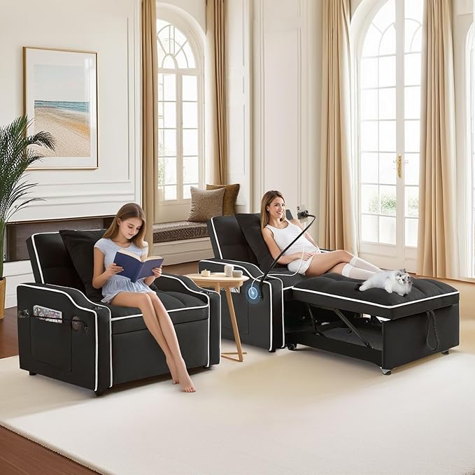 Sleeper Sofa Chair Bed with Charging Ports &amp Phone Holder &amp Cup Holder Modern Velvet 3 in 1 Convertible Pull Out Single Sofa Chair Bed for Small Spaces Apartment Black