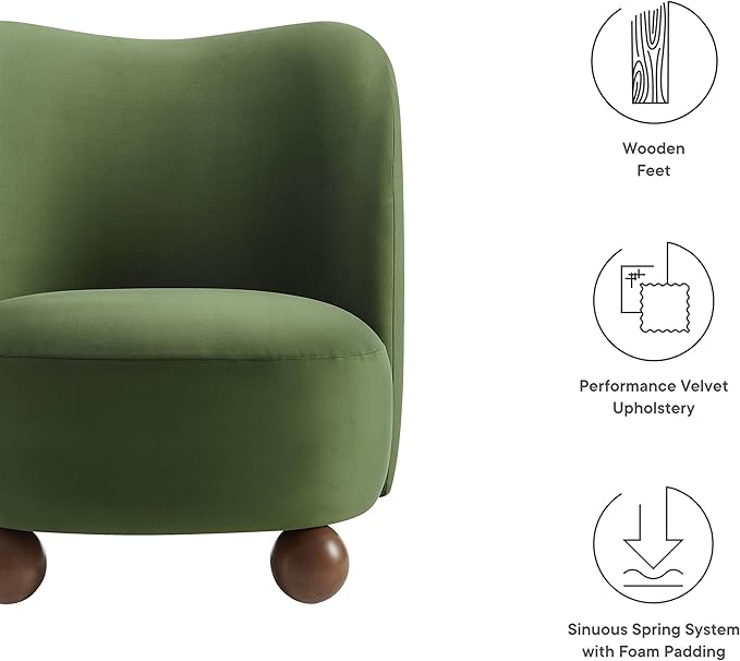 Modway Monroe Performance Velvet Accent Chair in Moss Green Walnut - Upholstered Stain-Resistant Barrel Chair - Comfy Lounge Chair - Oversized Round Armless Reading Chair for Living Room