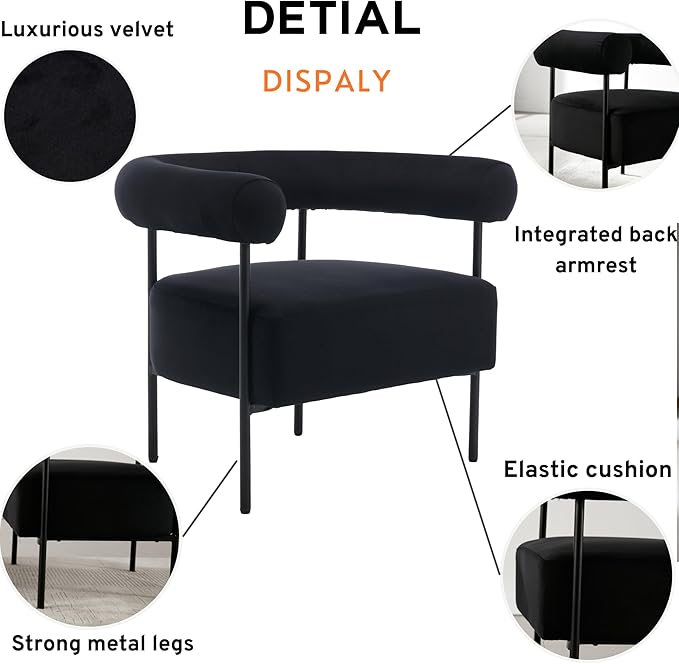 Wahson Black Accent Chair Set of 2 with Metal Legs Velvet Upholstered Barrel Chair with Curved Backrest Small Modern Reading Chair for Living Room/Bedroom/Office
