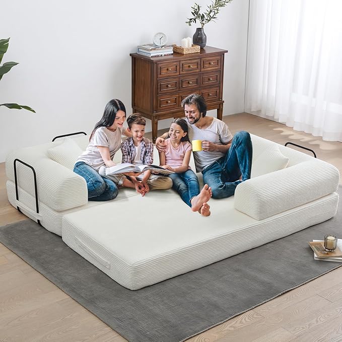 Convertible Folding Sofa Bed Corduroy Sleeper Mattress Couch with Fixed-Shape Frame Free Combination Loveseat Lounge Floor Sofa Queen Size Memory Foam Couch for Living Room Bedroom White