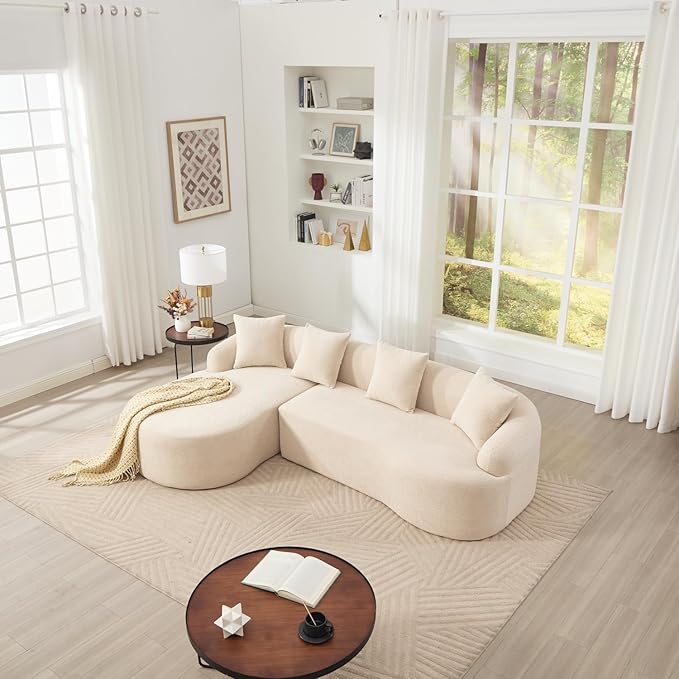98.8 Curved Sectional Sofa with ChaiseL-Shape Sofa Lounge ChaiseBoneless Couch L Shape for Living RoomWood Grain Chenille FabricNo Installation Requirement