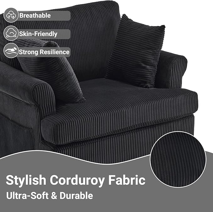Karl home 39 Swivel Accent ChairOversized Seat Armchair W/2 Pillows and 4 PocketsModern Upholstered Corduroy Barrel ChairsComfy Single Sofa for Living RoomReadingBedroom and Office -Black